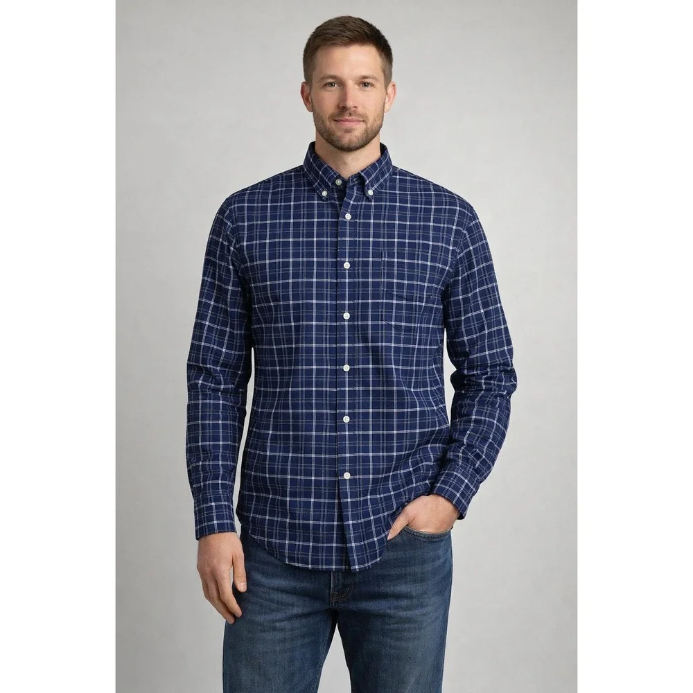 Banana Republic Mens Untucked Fit Navy Blue Plaid Button Down Shirt Large Casual
